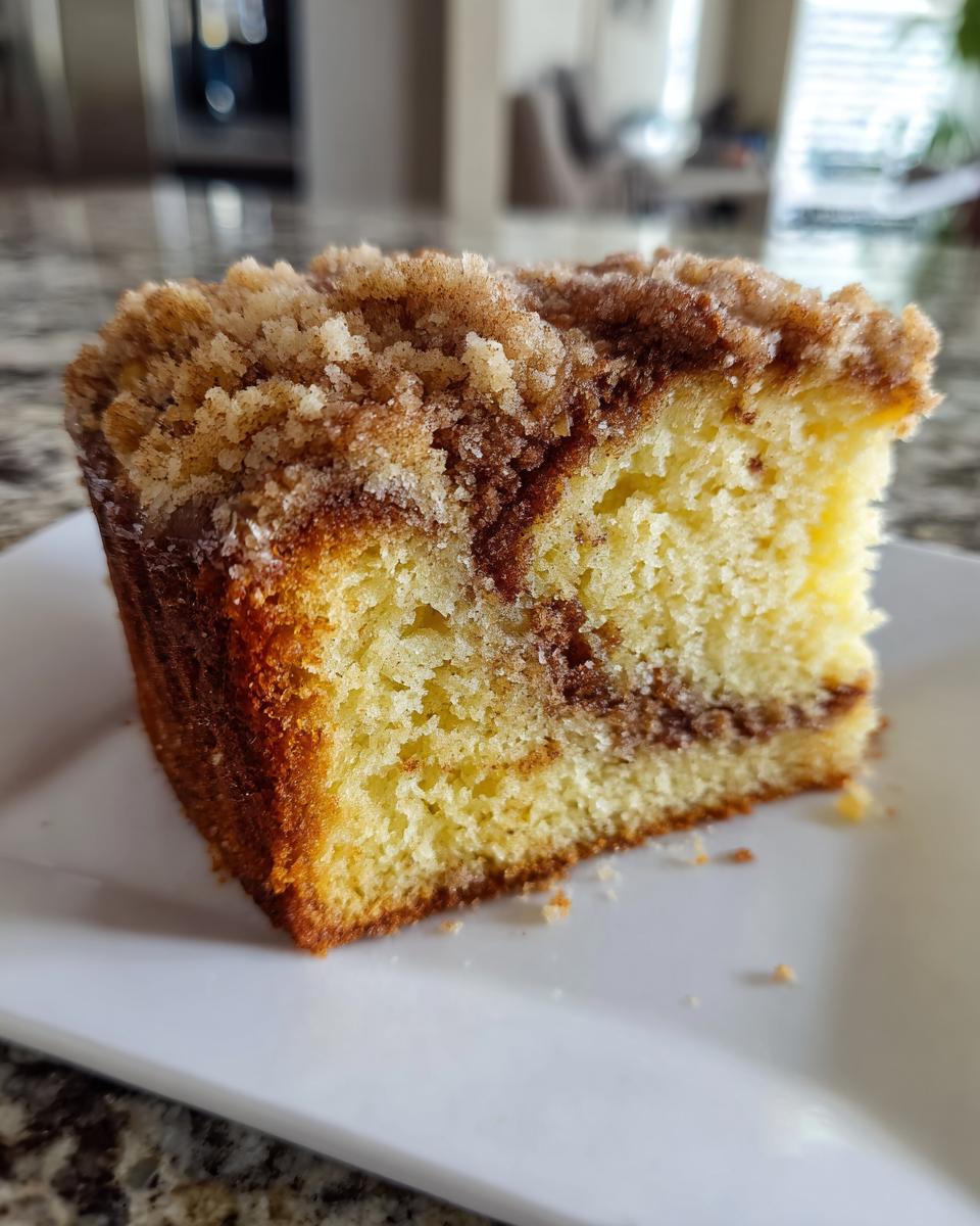 Close-up of a moist slice of coffee cake featuring a yellow crumb, cinnamon swirl, and thick streusel topping.