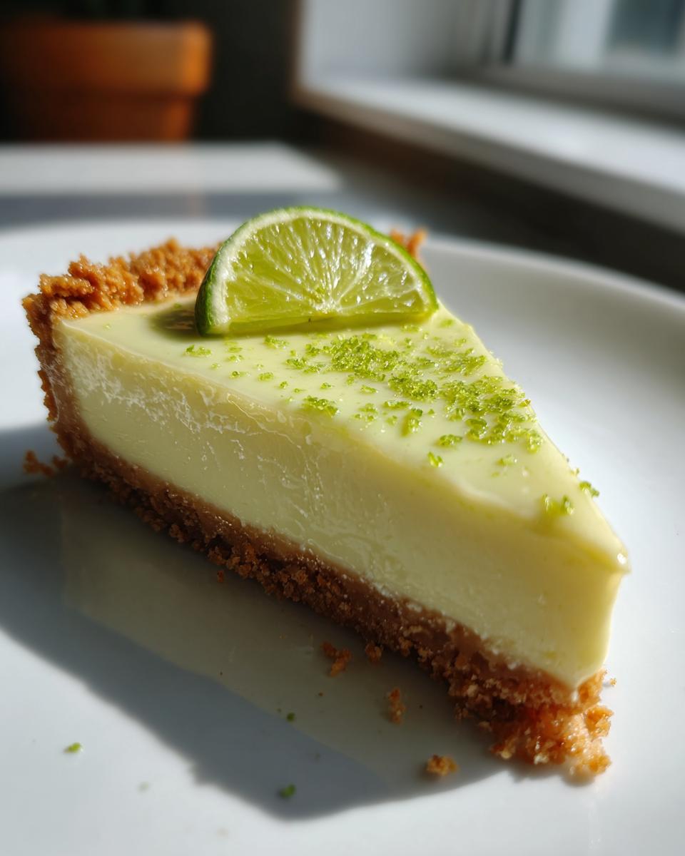 A perfect slice of creamy key lime cheesecake on a white plate, topped with zest and a lime wedge.
