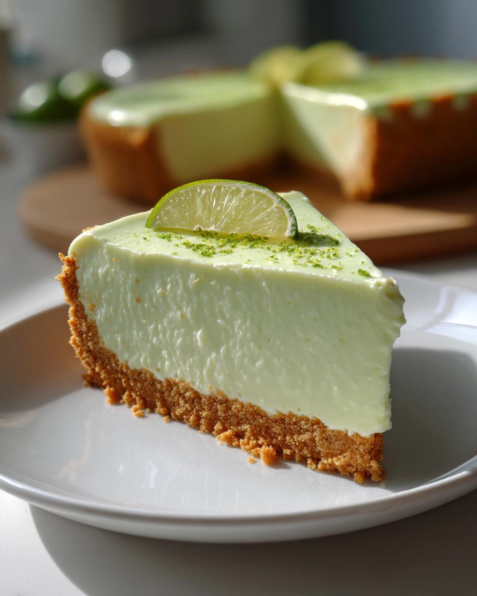 A perfect slice of creamy key lime cheesecake with a graham cracker crust, topped with lime zest and a lime slice.