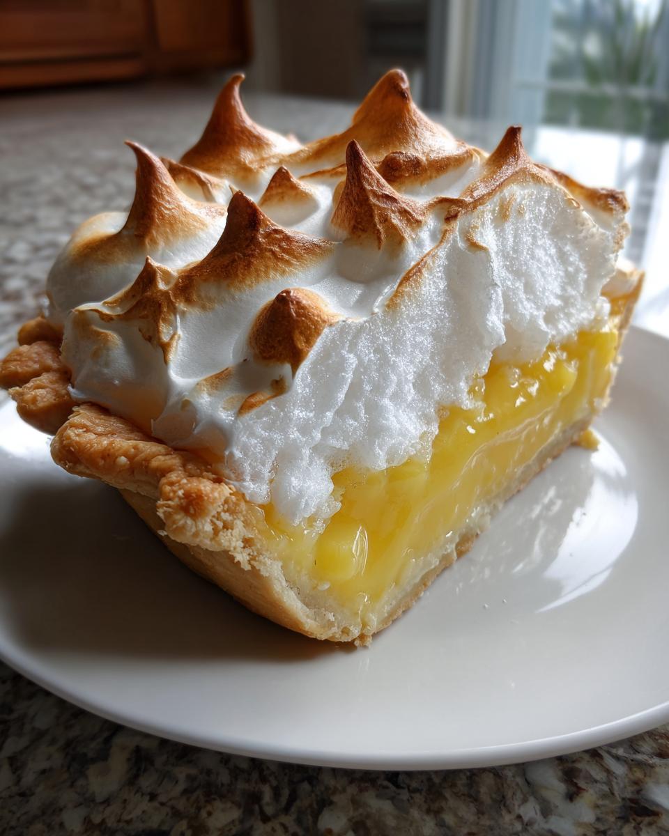A close-up slice of bright yellow lemon meringue pie showing a thick, glossy filling and perfectly toasted meringue peaks.
