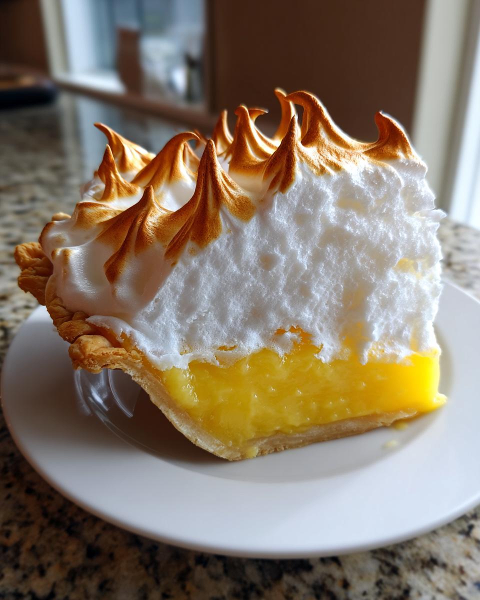 A close-up slice of bright yellow lemon meringue pie showing a thick layer of fluffy, torched meringue.