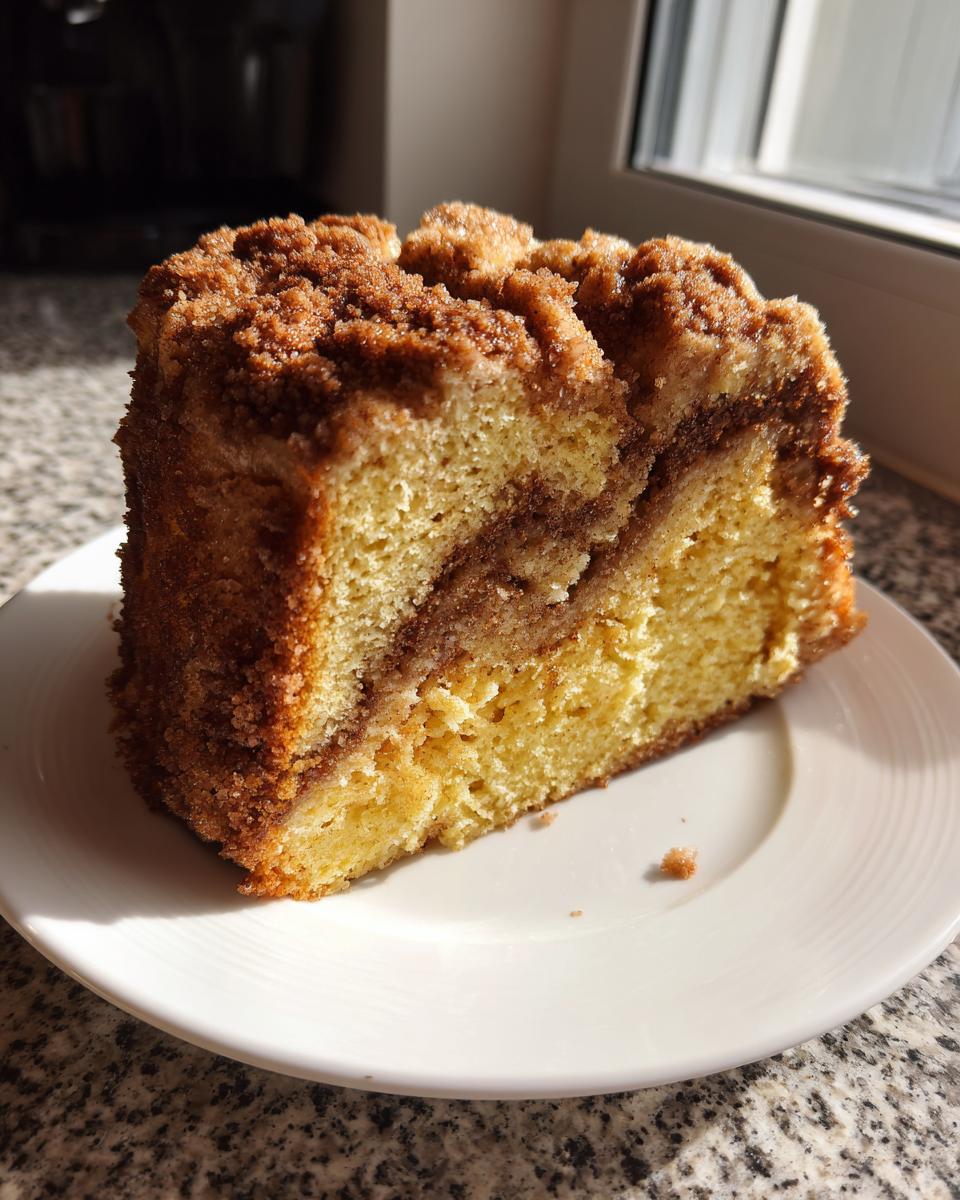 A thick slice of moist coffee cake with a cinnamon swirl and crunchy streusel topping, sitting on a white plate.