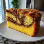 Close-up of a thick slice of moist coffee cake showing a yellow base, dark cinnamon swirl, and crumbly streusel topping.