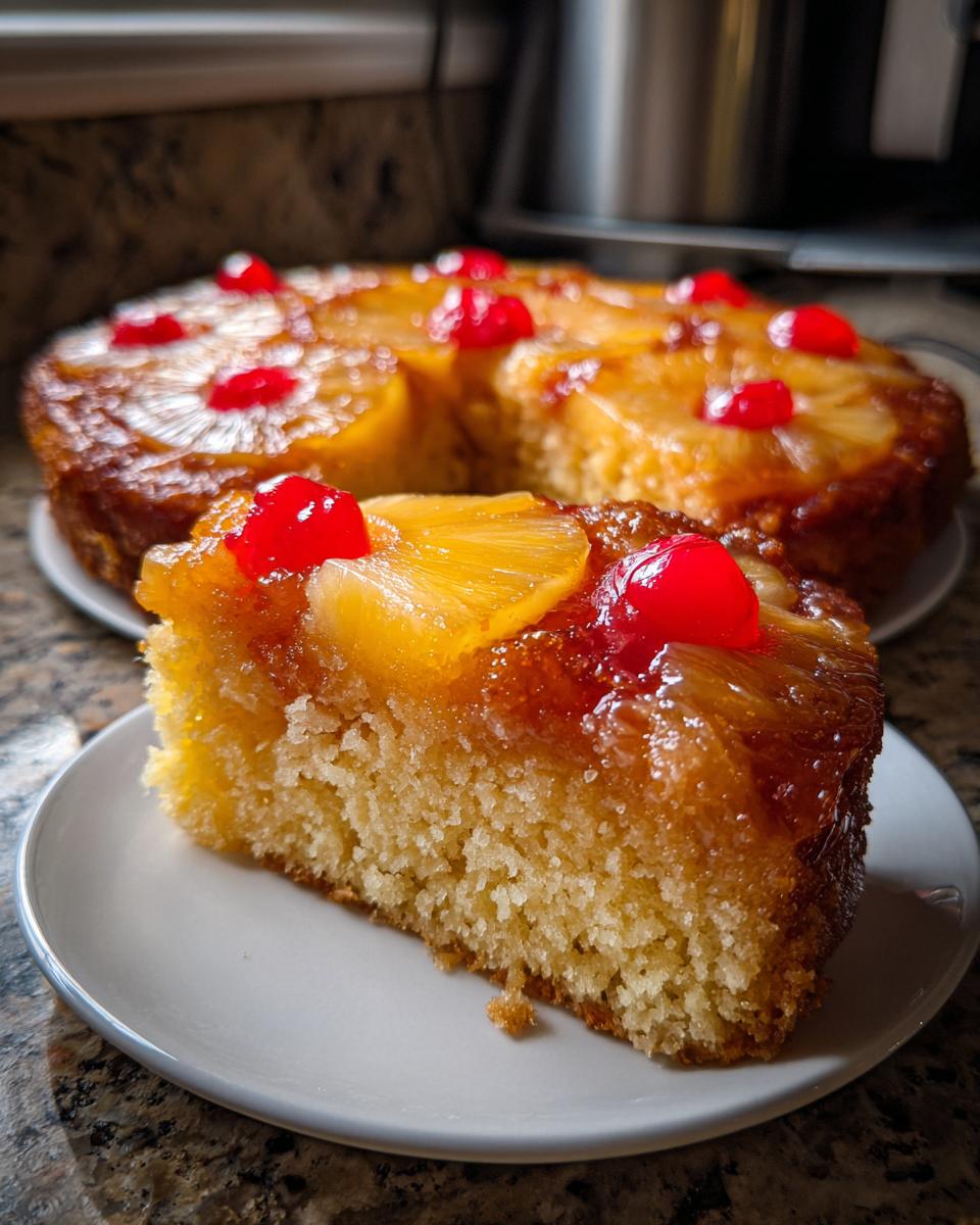 A close-up slice of moist pineapple upside down cake topped with caramelized pineapple and a maraschino cherry.