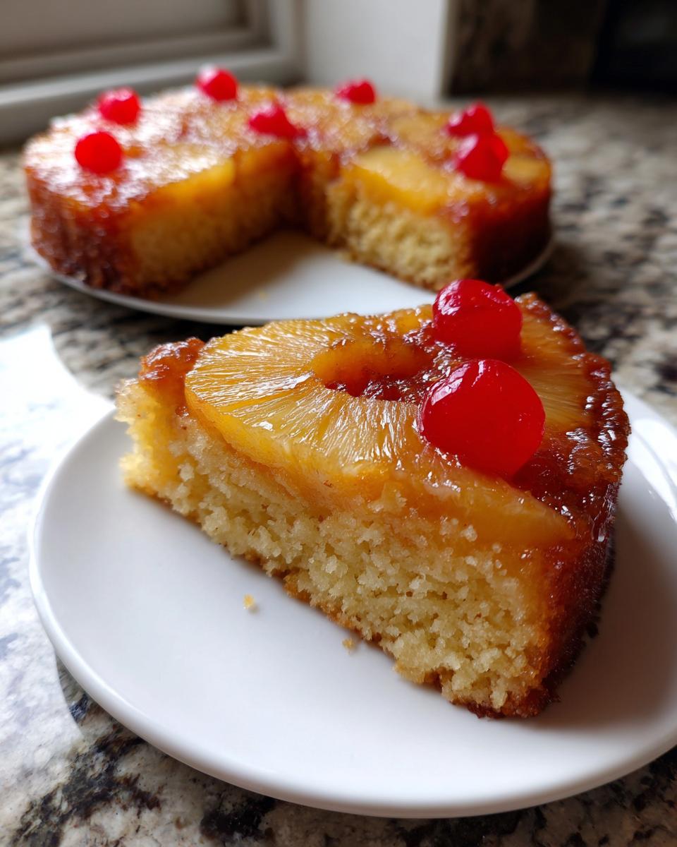 A close-up of a slice of pineapple upside down cake topped with pineapple rings and maraschino cherries.