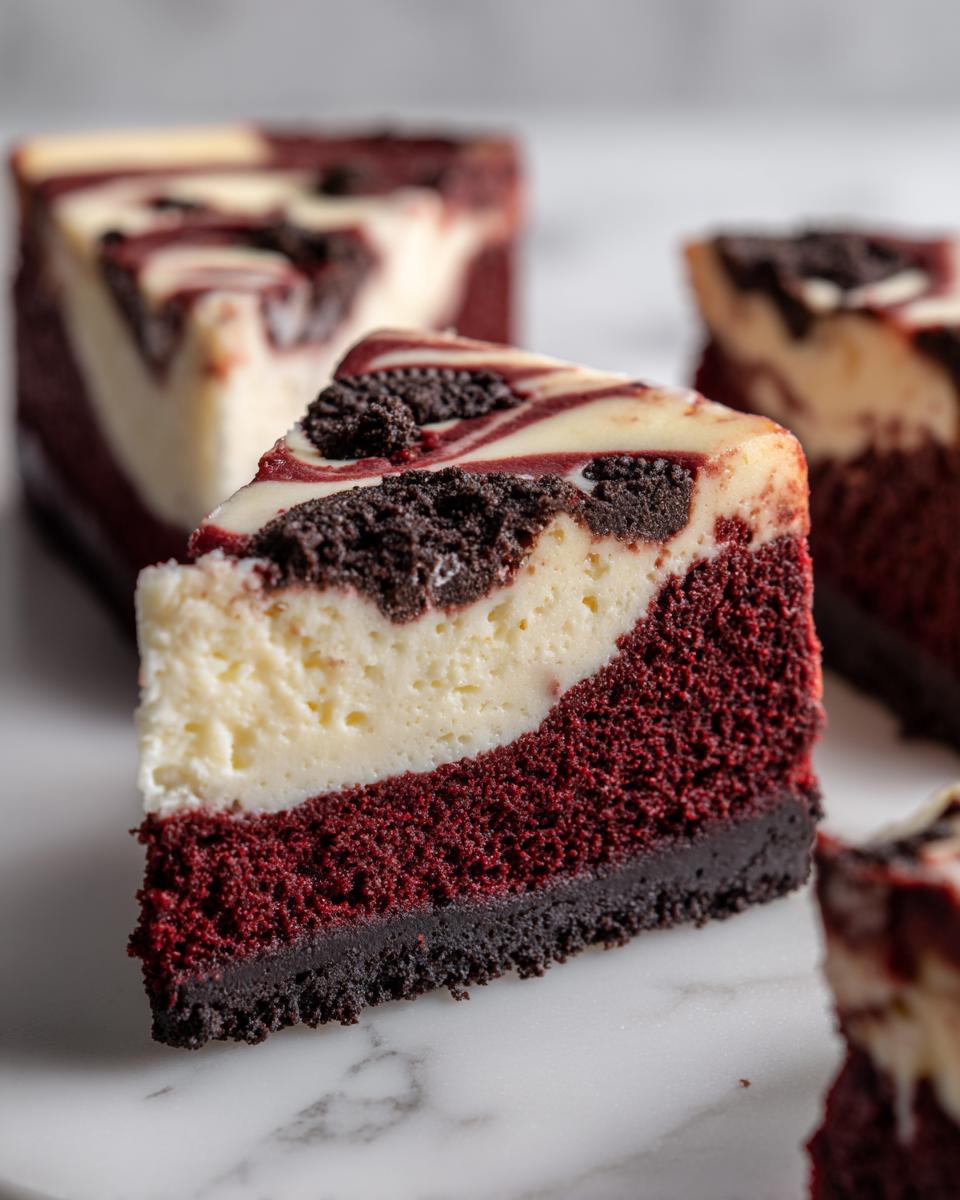 Close-up of a slice of red velvet cheesecake showing distinct red cake, white cheesecake layers, and dark cookie crumbles on top.