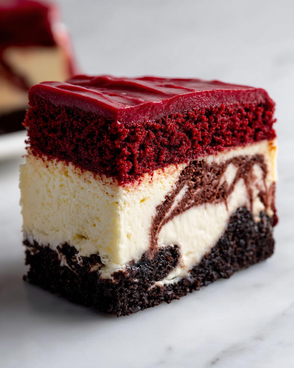 Close-up of a slice of 3-layer red velvet cheesecake showing cake, marbled cheesecake, and crust.