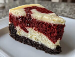 Close-up of a thick slice of red velvet cheesecake showing dark crust, red cake layer, and marbled cream cheese topping.
