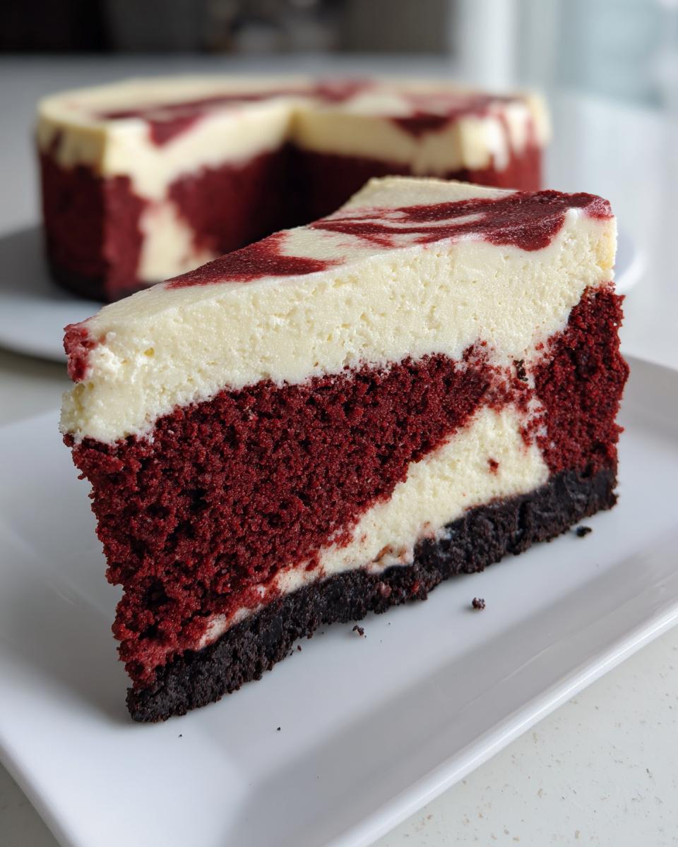 A close-up slice of rich, three-layer red velvet cheesecake featuring a dark crust and a marbled cream cheese topping.