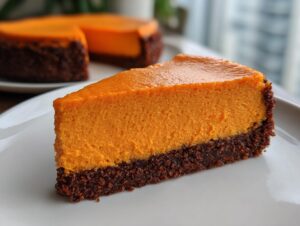 Close-up of a thick slice of bright orange sweet potato cheesecake on a white plate, showing its dark chocolate crust.