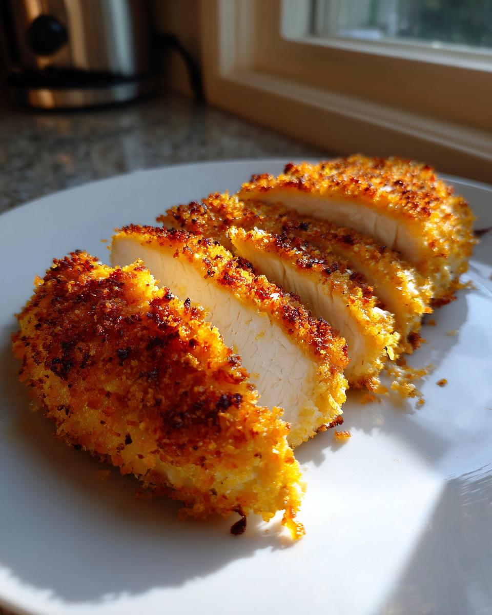 Close-up of sliced parmesan crusted chicken breast showing the juicy white interior and crispy golden-brown coating.
