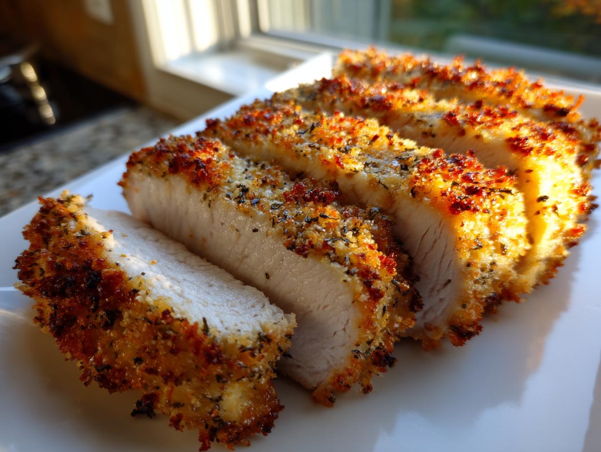 Close-up of perfectly cooked parmesan crusted chicken, sliced to show the juicy interior and golden, seasoned crust.