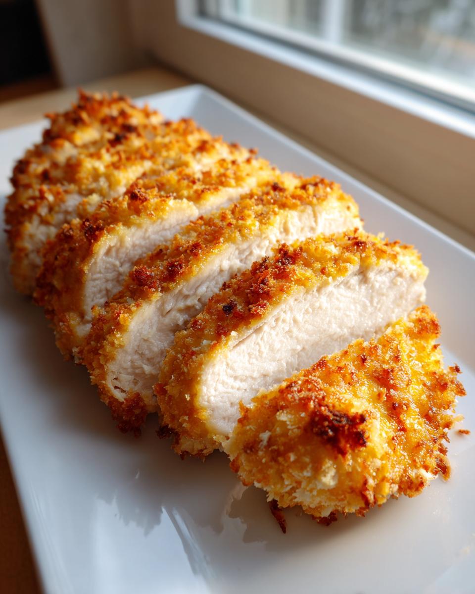 Close-up of perfectly cooked parmesan crusted chicken, sliced to show the juicy white interior and crispy golden coating.