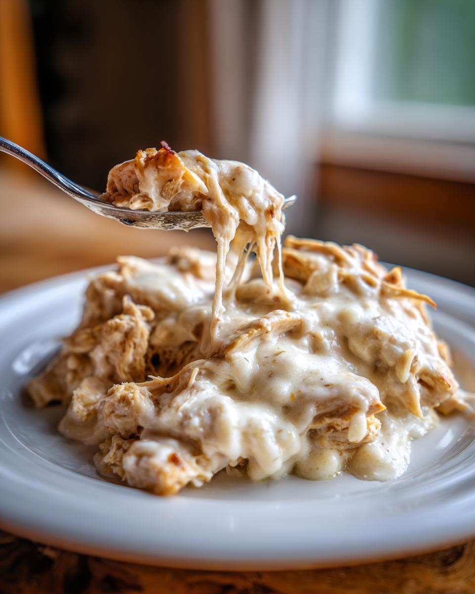 A spoonful of shredded slow cooker garlic parmesan chicken covered in creamy, cheesy sauce being lifted from a white plate.