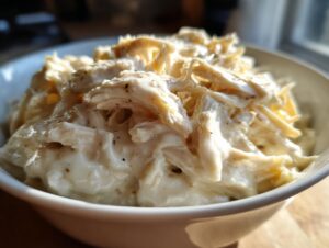 Close-up of shredded slow cooker garlic parmesan chicken coated in a rich, creamy sauce, served in a white bowl.