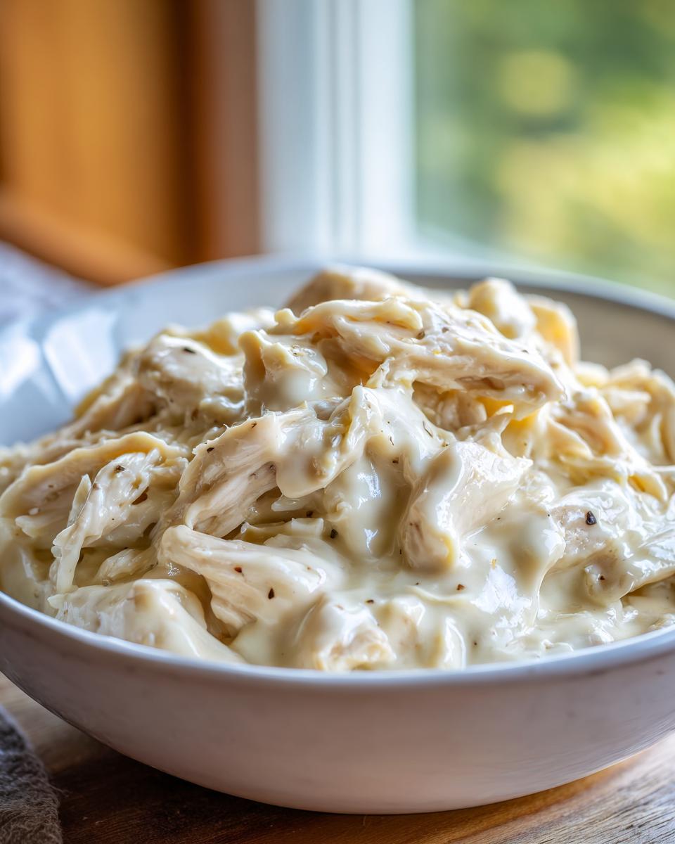 Close-up of shredded slow cooker garlic parmesan chicken coated in a creamy white sauce, served in a white bowl.