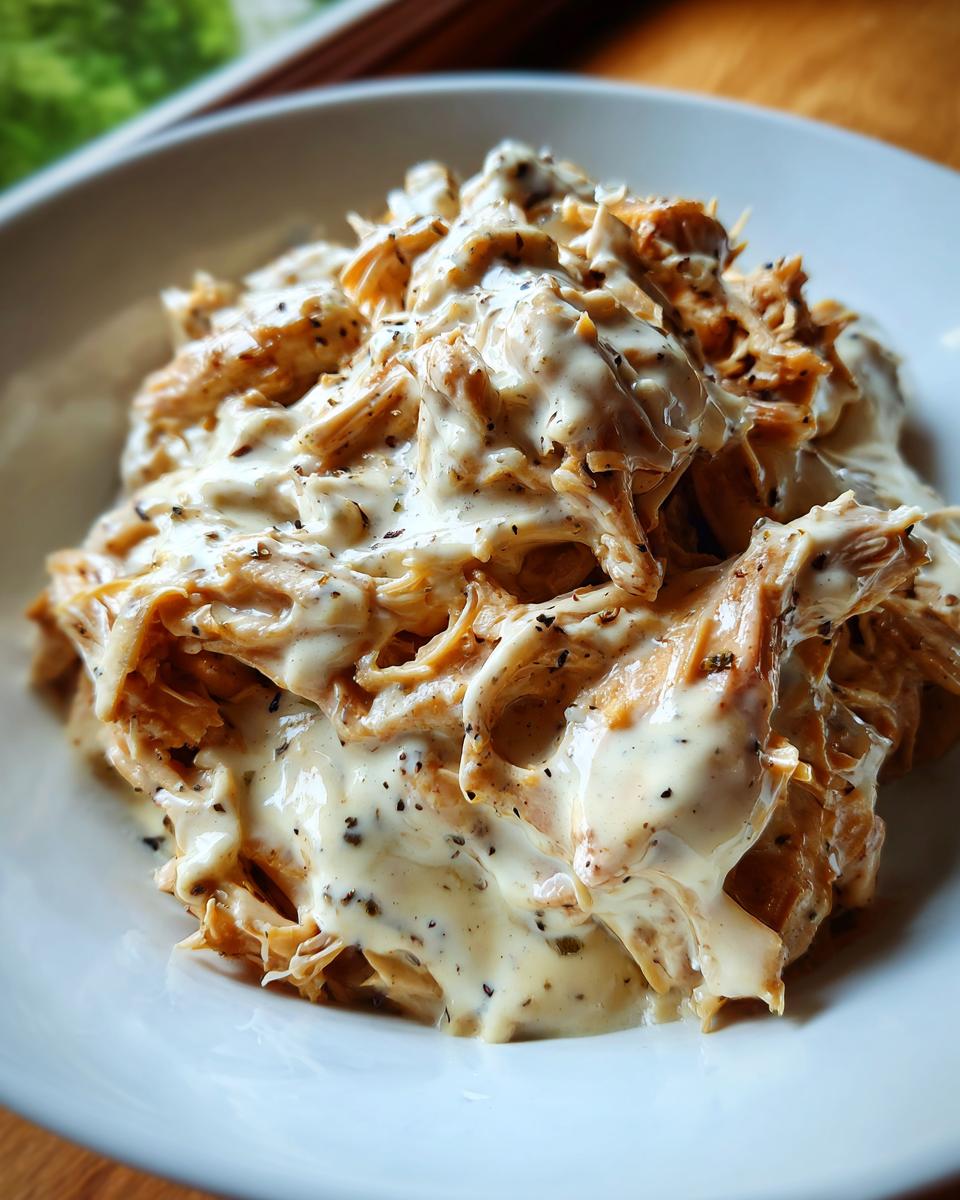 Close-up of shredded slow cooker garlic parmesan chicken coated in a creamy, speckled sauce, served in a white bowl.