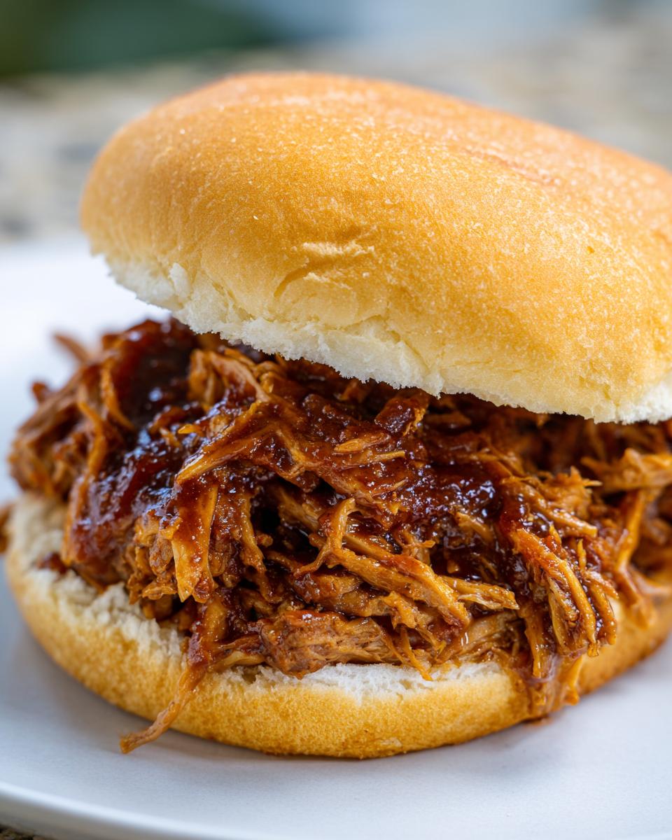 Close-up of a juicy sandwich filled with saucy Slow Cooker Pulled Pork on a soft bun.