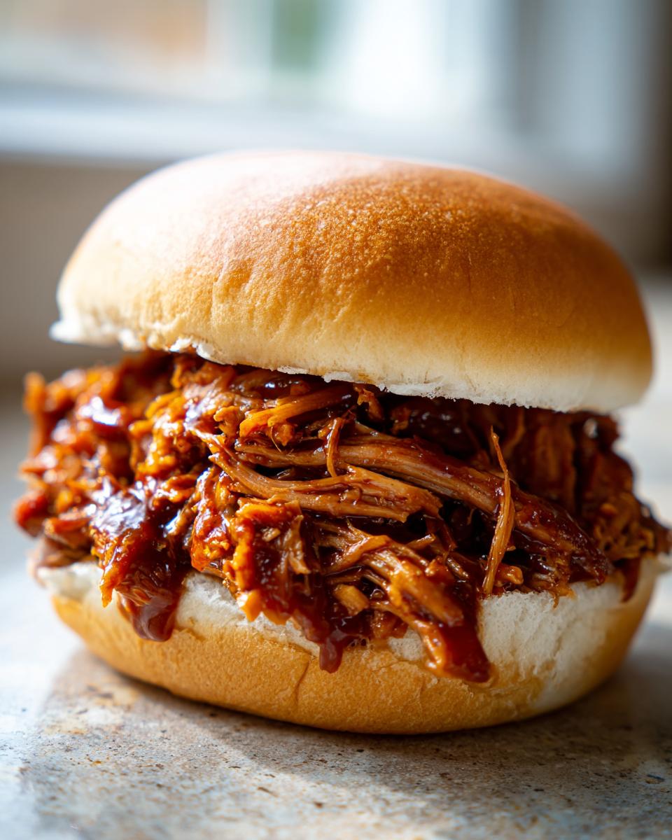 A close-up of a delicious sandwich filled with saucy Slow Cooker Pulled Pork on a soft bun.