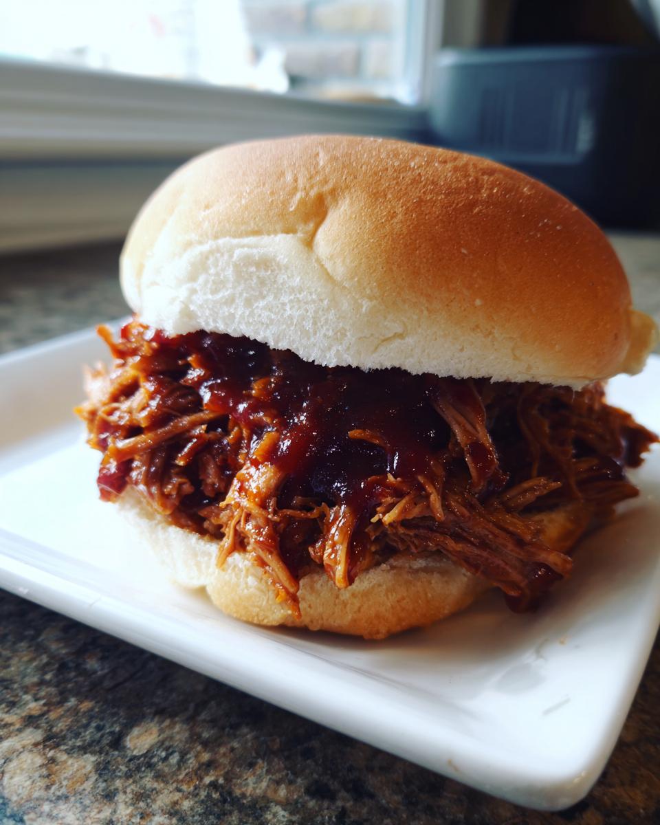 A close-up of a juicy Slow Cooker Pulled Pork sandwich generously topped with BBQ sauce on a white plate.