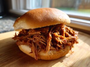 A close-up of a juicy sandwich filled generously with Slow Cooker Pulled Pork on a soft bun, sitting on a wooden board.
