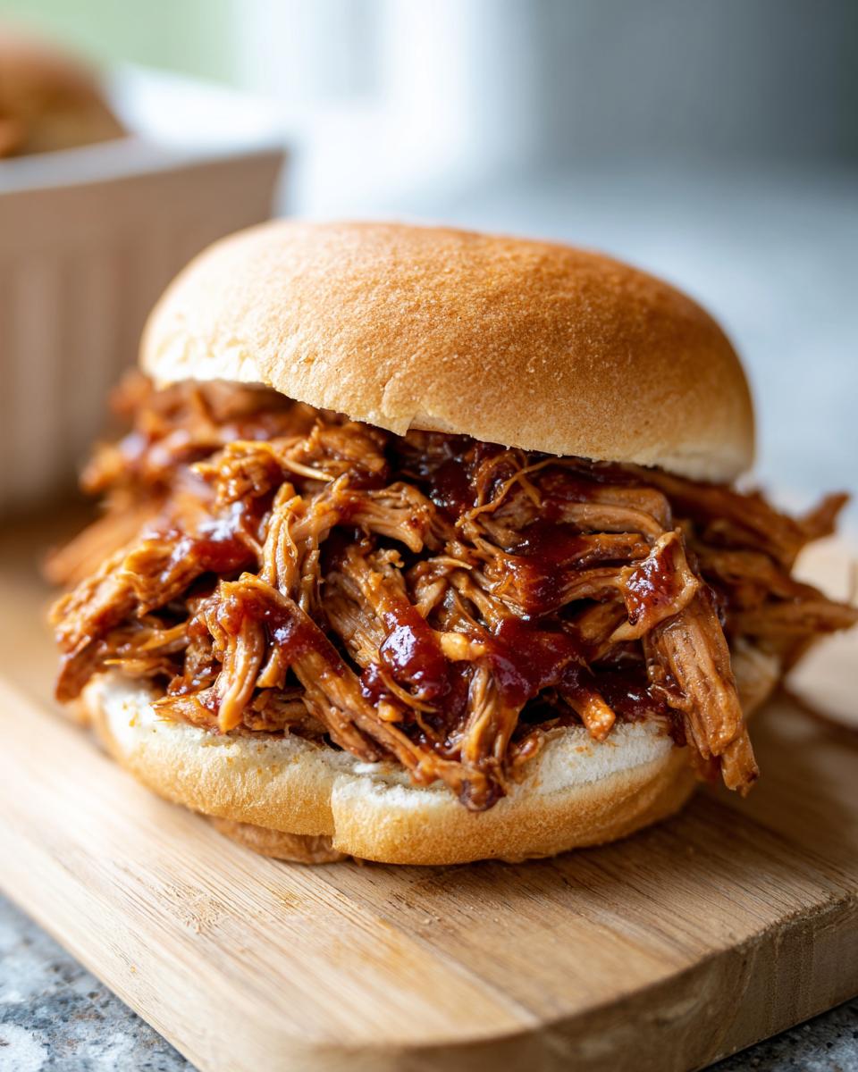 A close-up of a juicy Slow Cooker Pulled Pork sandwich piled high on a soft bun with barbecue sauce.