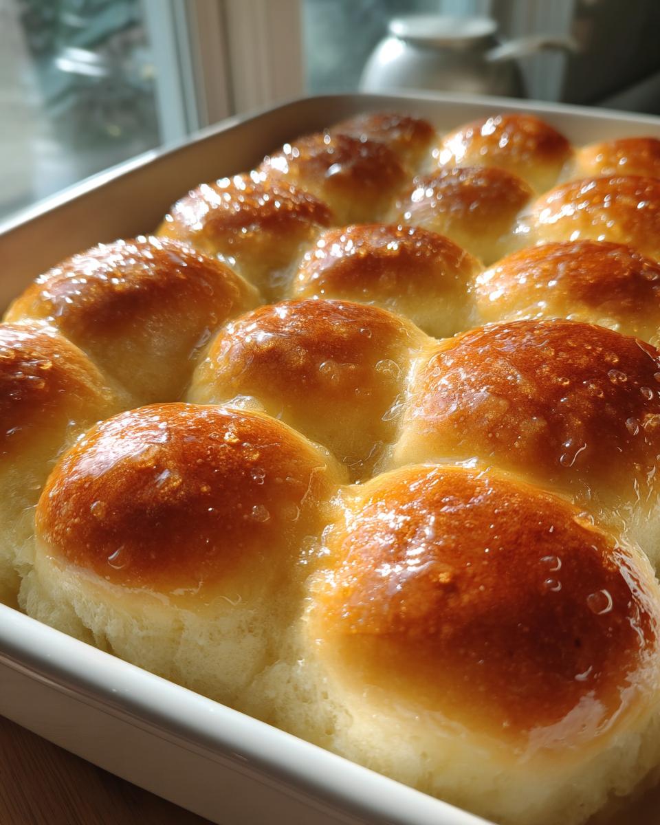 Close-up of golden brown, shiny dinner rolls baked together in a white dish, glistening with butter.