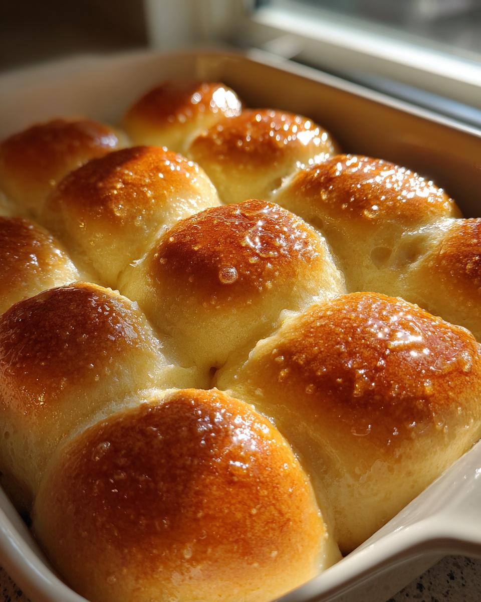 Close-up of golden brown, shiny dinner rolls baked together in a white dish, glistening with butter.