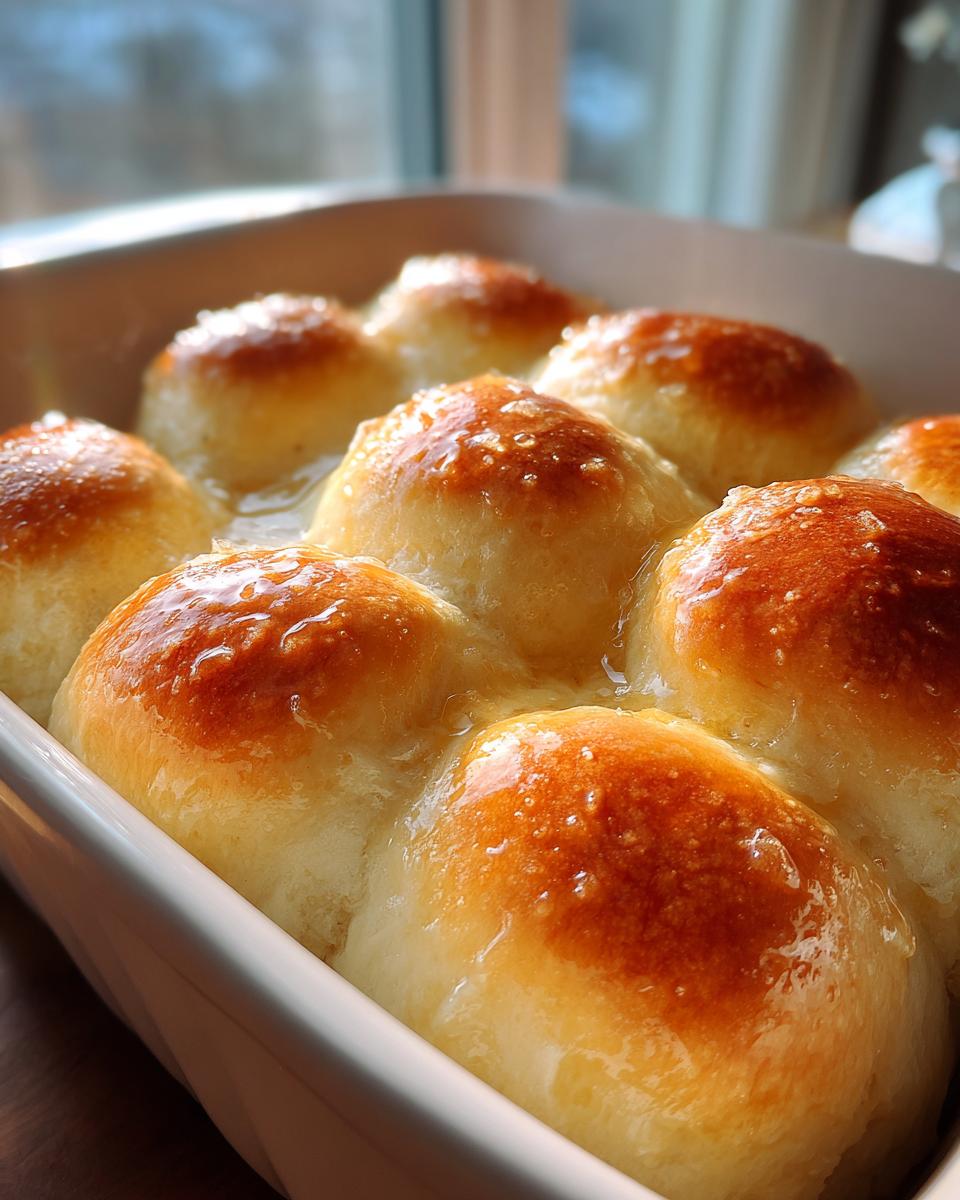 Close-up of freshly baked, golden-brown dinner rolls soaking in melted butter in a white baking dish.