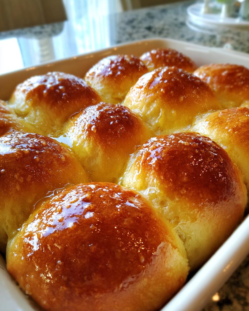 A close-up shot of freshly baked, golden brown dinner rolls soaking in melted butter inside a white baking dish.