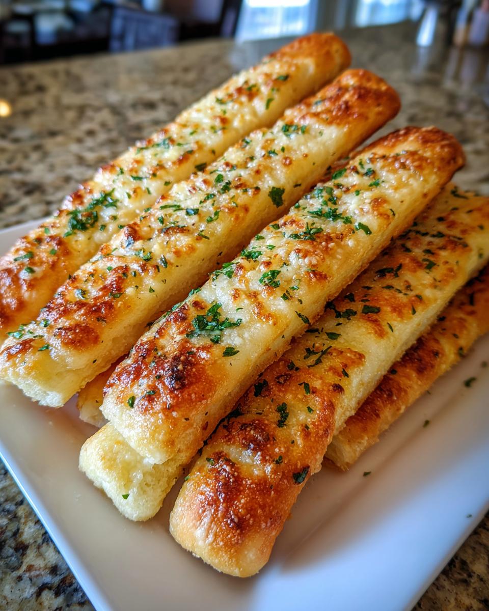 Close-up of several golden brown, cheesy breadsticks topped with parsley, ready to eat.