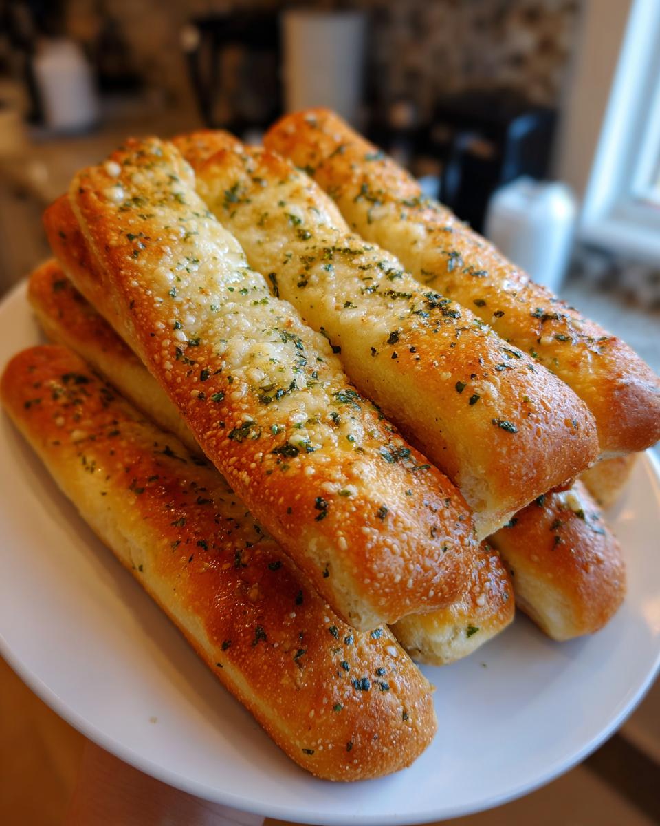 A close-up stack of freshly baked, soft breadsticks topped with melted garlic butter and herbs.