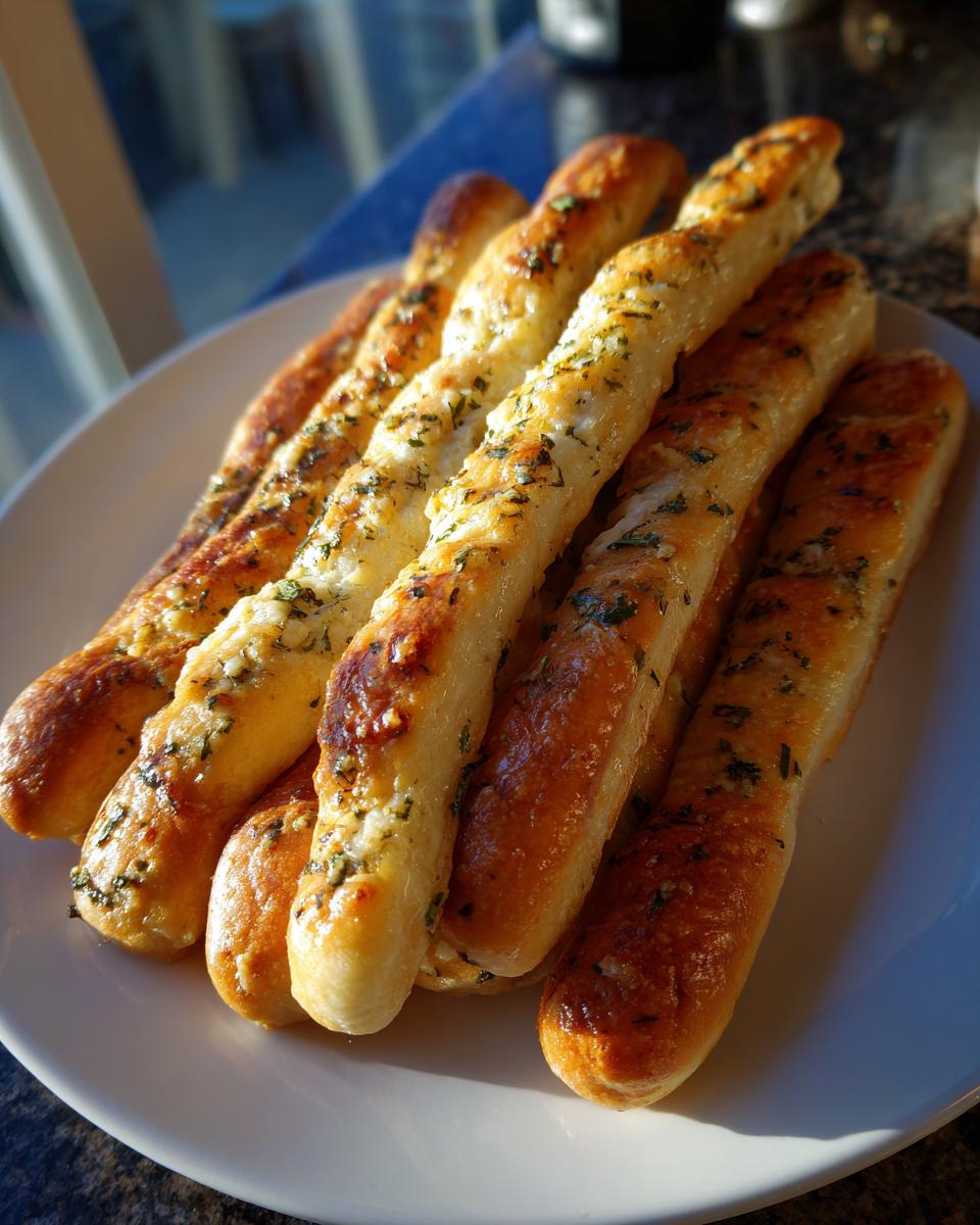 A close-up of several soft, golden brown garlic butter breadsticks piled on a white plate.