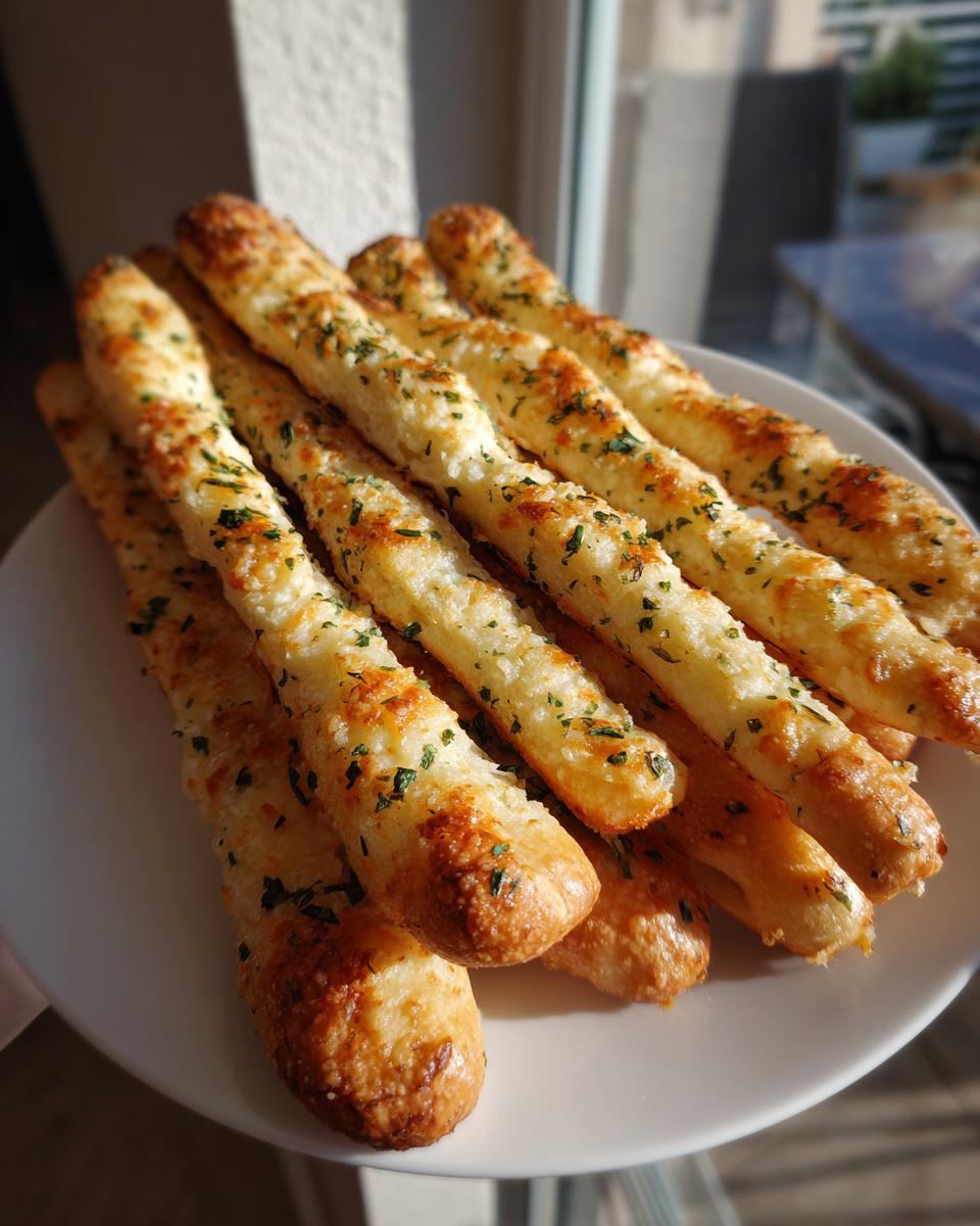 A pile of freshly baked, golden brown breadsticks topped with melted cheese and green herbs, served on a white plate.