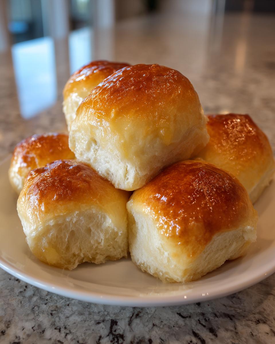A stack of five fluffy, golden-brown sourdough discard rolls with a shiny glaze on a white plate.