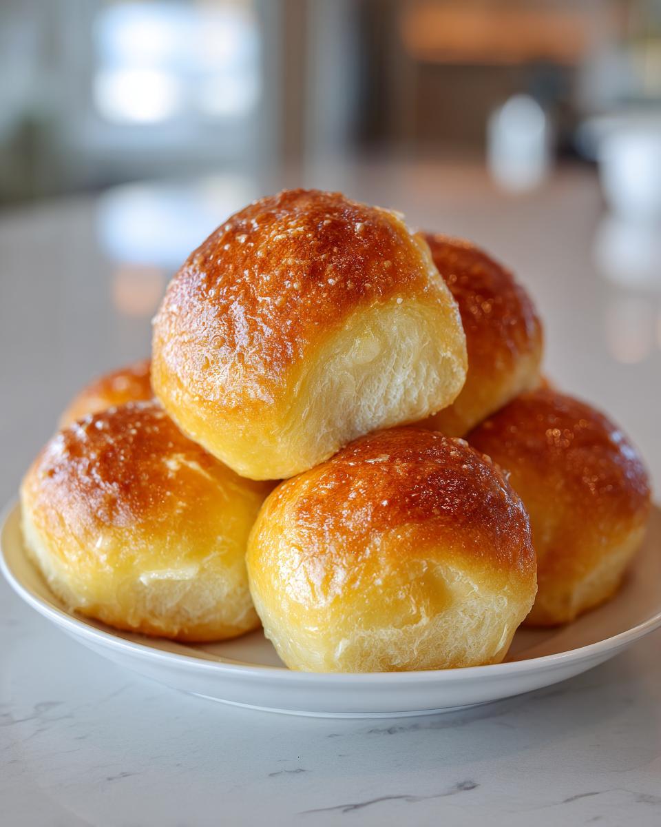 A stack of five golden brown, shiny sourdough discard rolls piled high on a white plate.