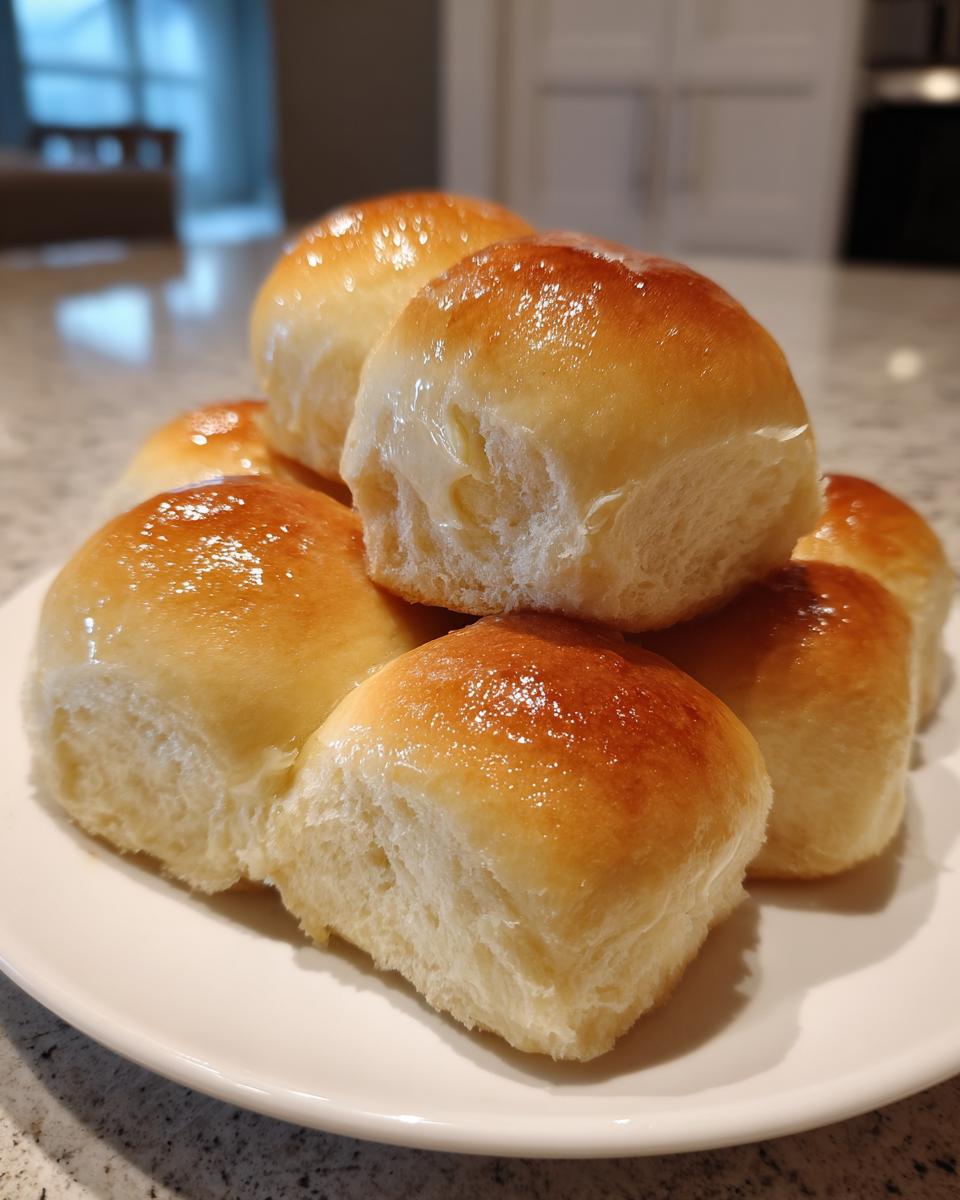 A stack of freshly baked, glossy sourdough discard rolls piled on a white plate.