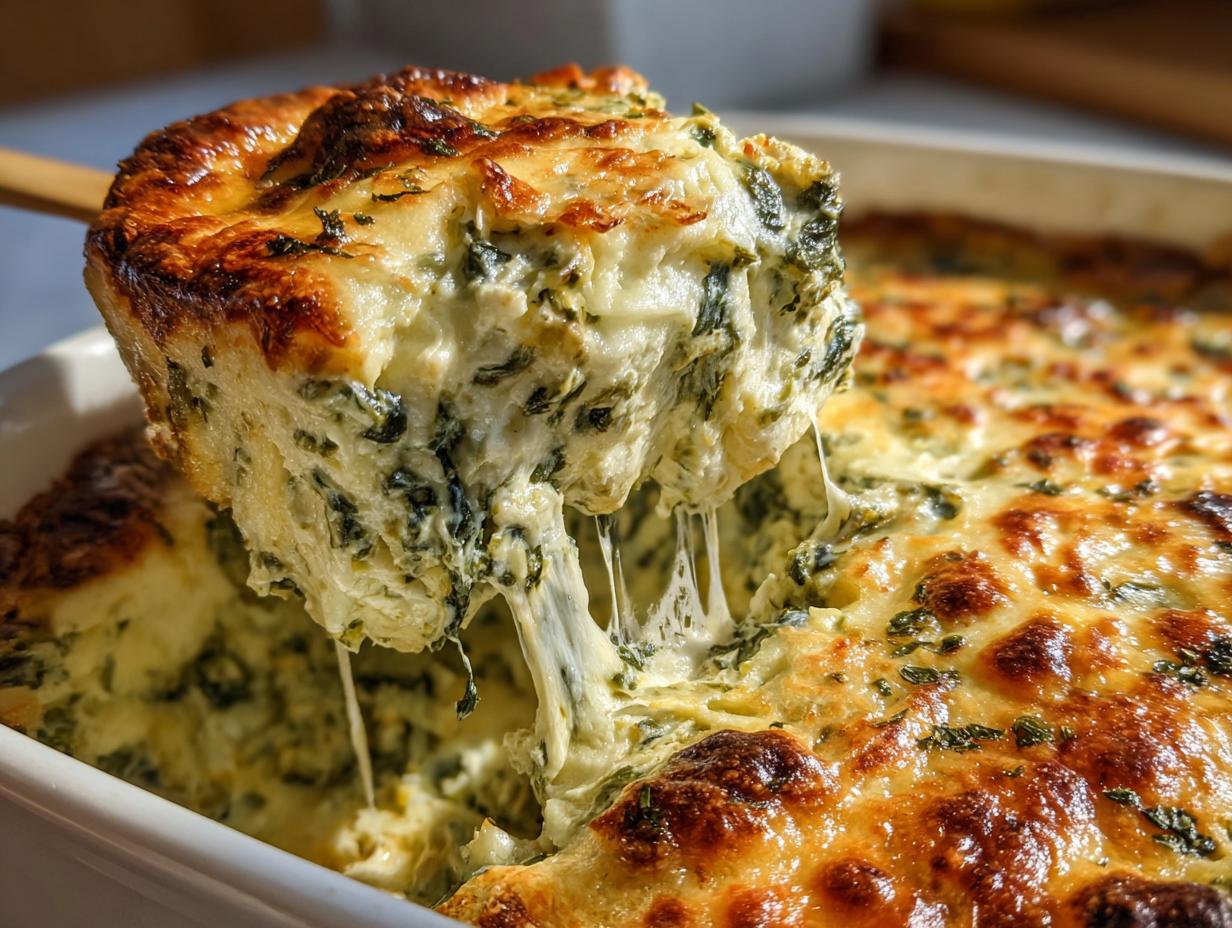 A scoop of hot, cheesy spinach artichoke dip being lifted, showing long cheese pulls.