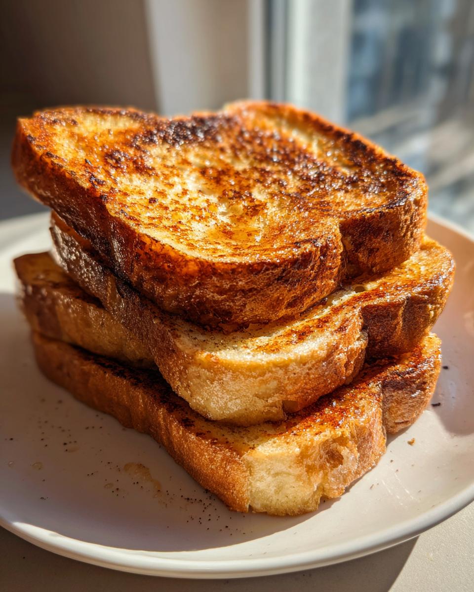 A tall stack of golden brown, perfectly cooked easy french toast slices resting on a white plate.