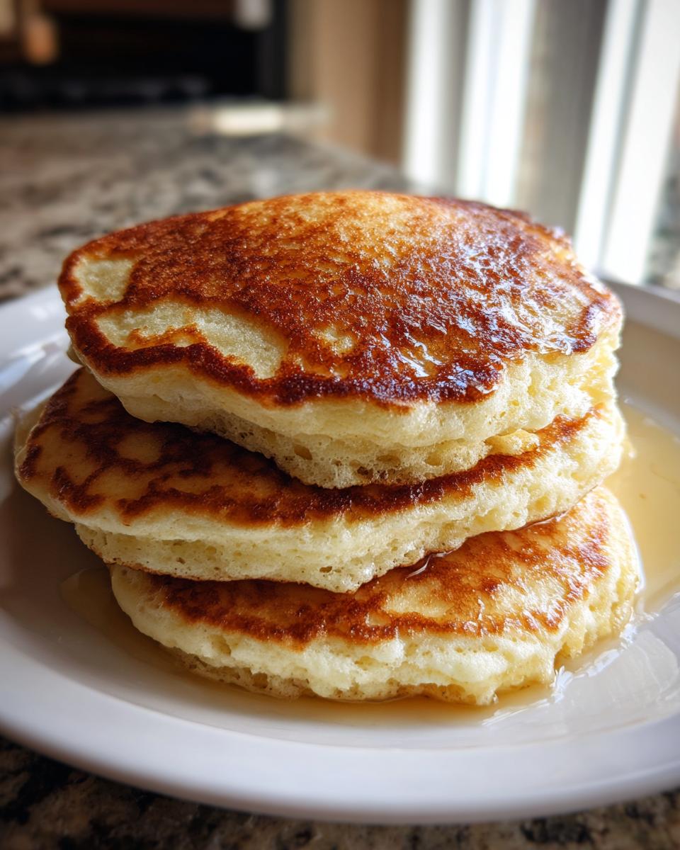 A close-up of three thick, fluffy pancakes stacked high and drizzled with syrup.