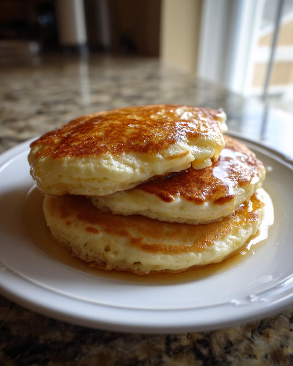 Close-up of a stack of three very fluffy pancakes drizzled with syrup on a white plate.