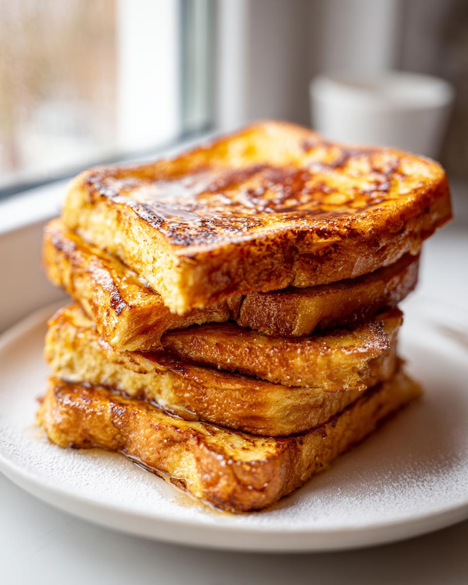 A tall stack of four slices of golden brown easy french toast drizzled with syrup on a white plate.