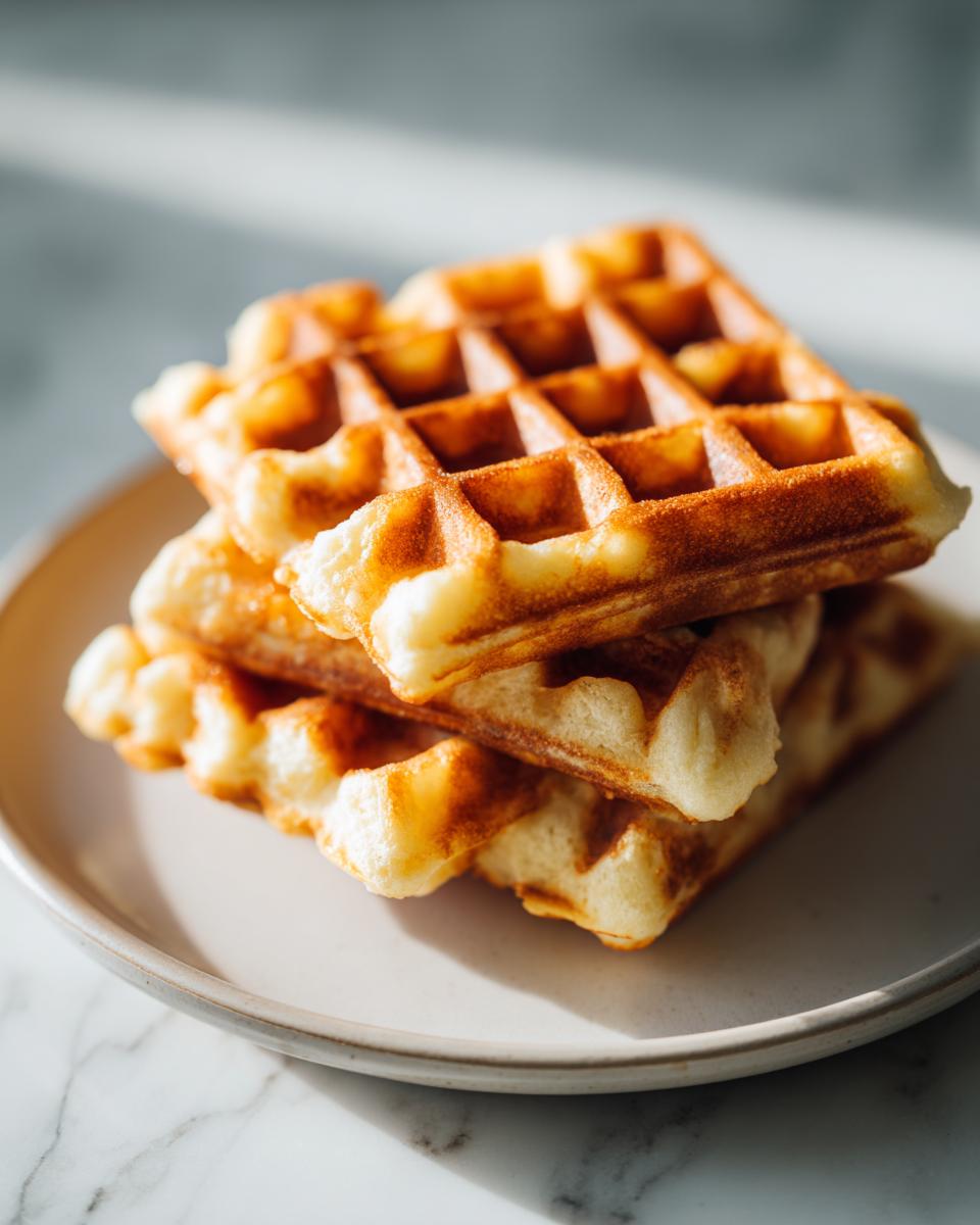 A stack of three golden brown high protein waffles resting on a light ceramic plate.