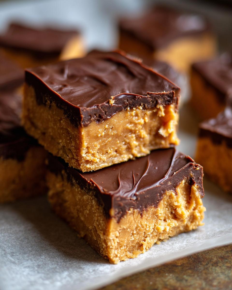 Two stacked, thick peanut butter bars with a rich peanut butter base and a smooth chocolate topping.