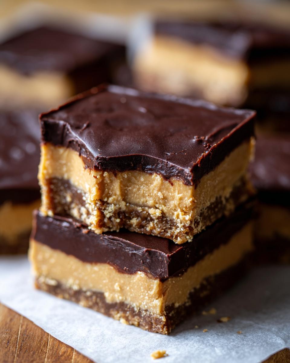 Two stacked peanut butter bars featuring a chocolate topping, peanut butter layer, and crumbly base.