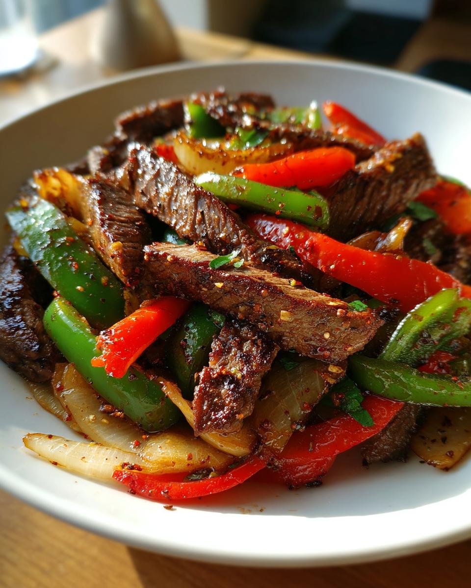 Close-up of perfectly cooked steak fajitas mixed with bright red and green bell peppers and caramelized onions.