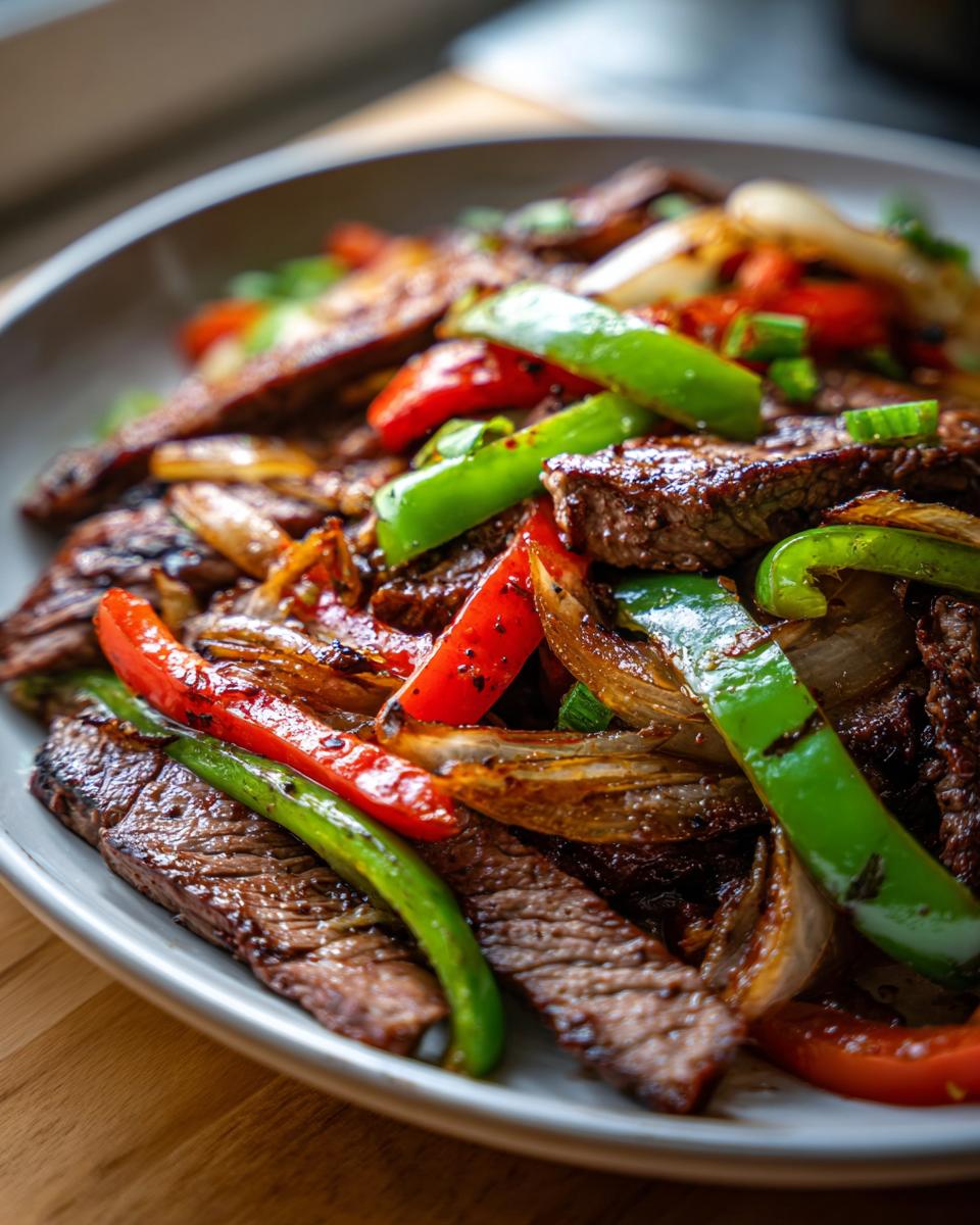 Close-up of perfectly cooked steak fajitas featuring sliced steak, vibrant green and red bell peppers, and caramelized onions.