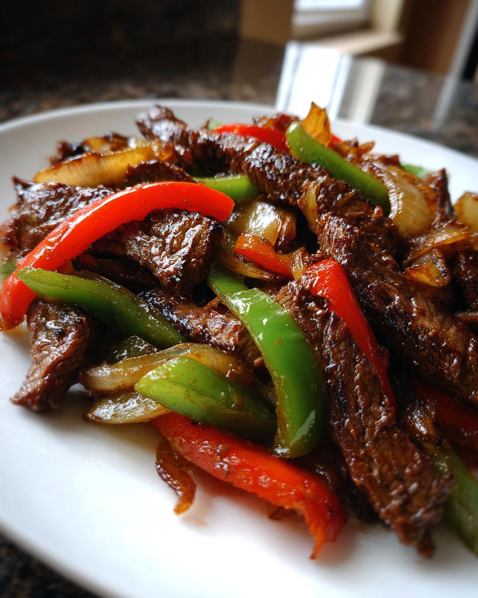 A close-up of perfectly cooked steak fajitas featuring strips of seasoned beef mixed with vibrant red and green bell peppers and caramelized onions.