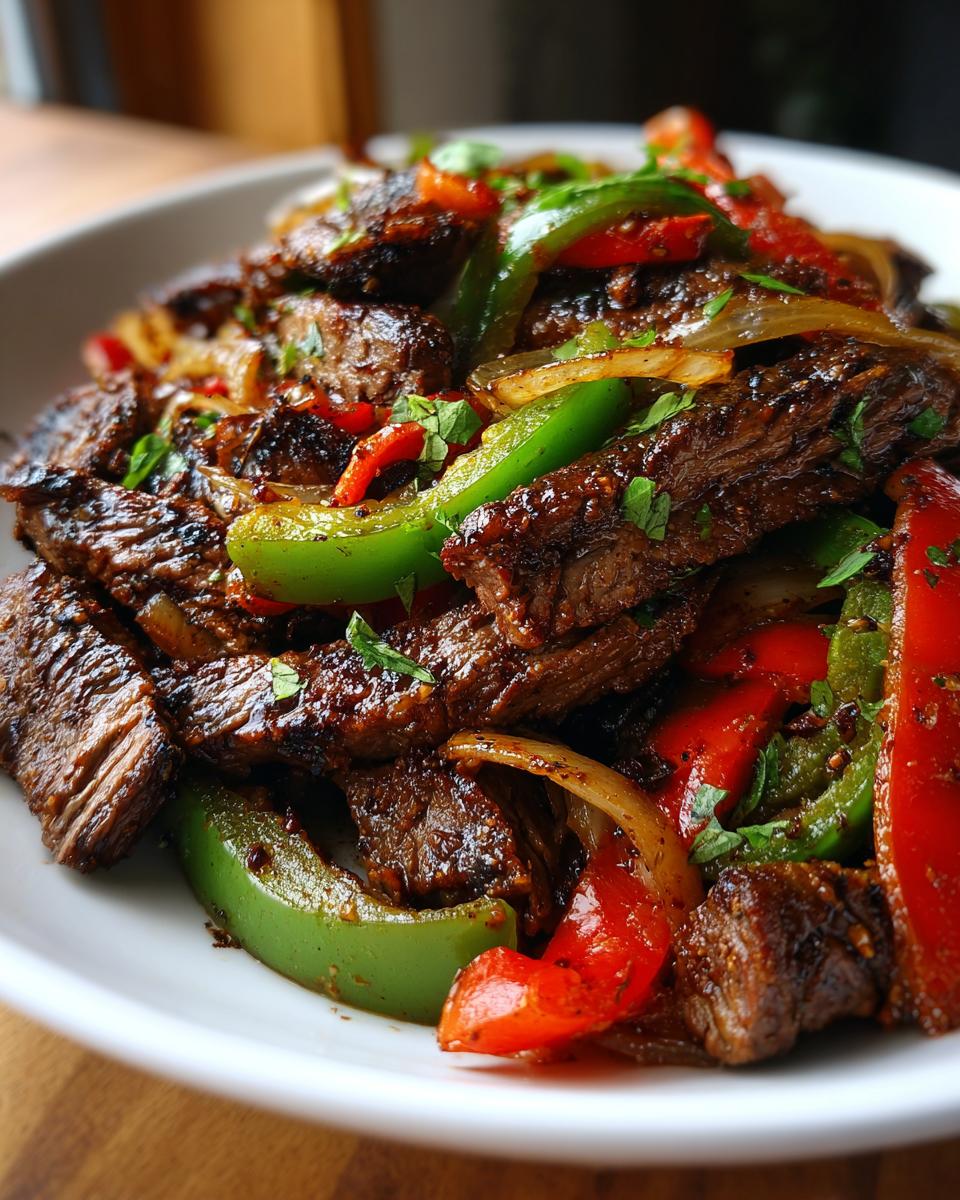 Close-up of perfectly seasoned steak fajitas mixed with sautéed red and green bell peppers and onions.