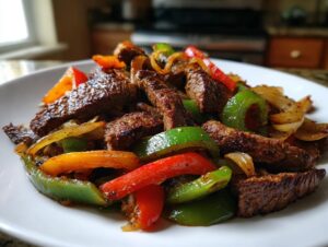 Close-up of perfectly seared strips of beef mixed with vibrant red, green, and orange bell peppers and onions for steak fajitas.